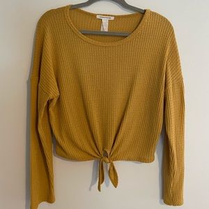 Caution to the Wind Long Sleeved Tie-Front Cropped Waffle Tee